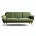 Green fabric three-seater sofa with wooden legs for living room use