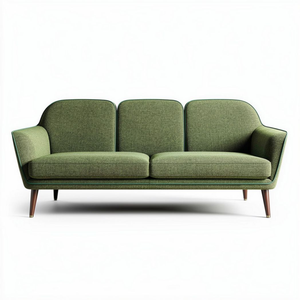 Green fabric three-seater sofa with wooden legs for living room use