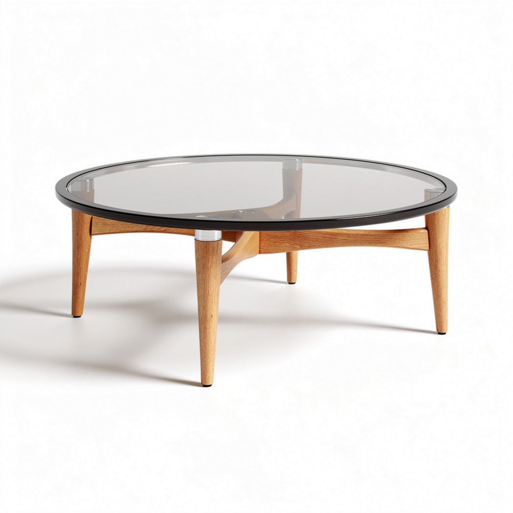 Round coffee table with glass top and wooden legs 50 x 50 x 40cm