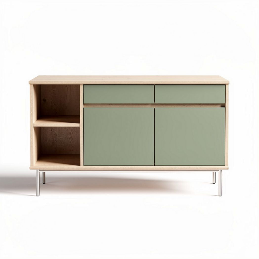Wooden sideboard with two drawers and two doors in green and natural finish 120 x 40 x 75cm