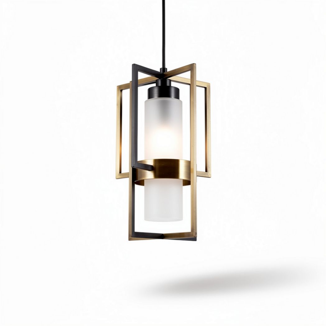 Modern hanging pendant light with frosted glass and metal frame 20 x 20 x 40cm