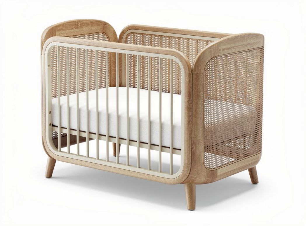 Natural wood crib with rattan accents for infants 120 x 60 x 80cm