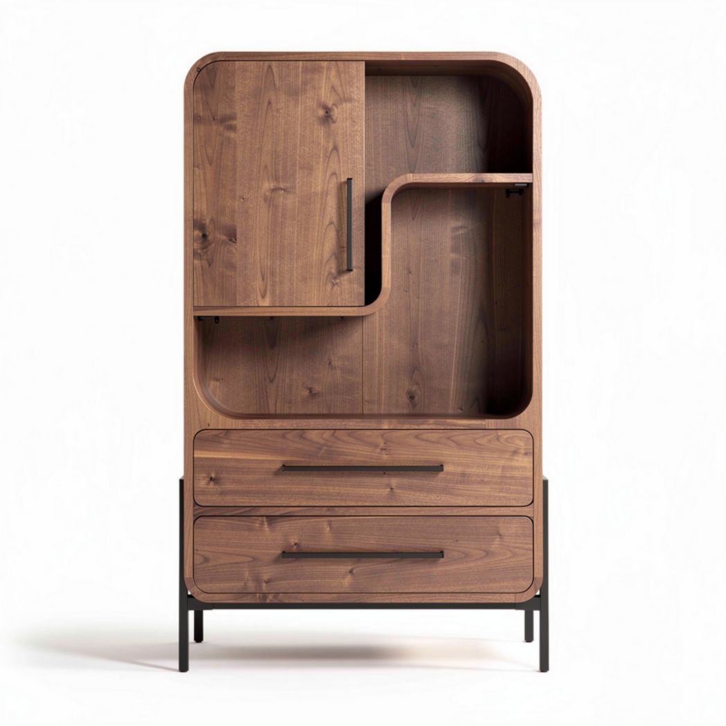 Wooden storage cabinet with two drawers and open shelving 80 x 40 x 140cm