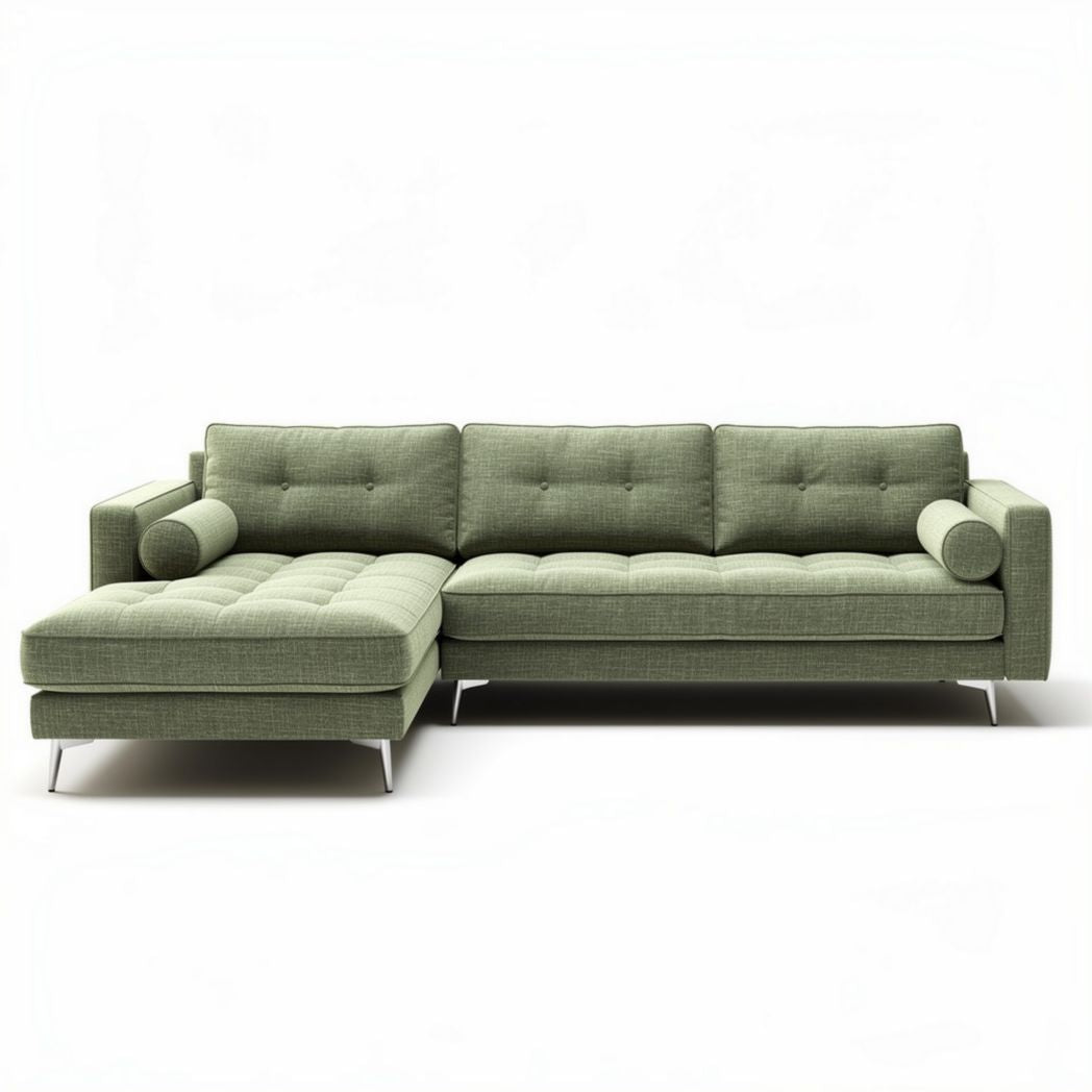 Green fabric sectional sofa with modern design and silver legs 230 x 150 x 85cm