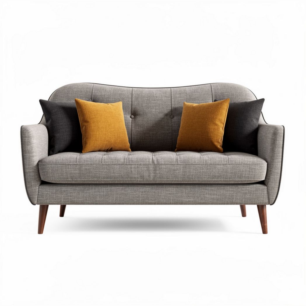 Mid-century modern loveseat sofa in grey fabric with yellow and black pillows 150 x 80 x 85cm