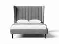 Gray upholstered bed frame with high headboard and queen size dimensions 200 x 160 x 130cm
