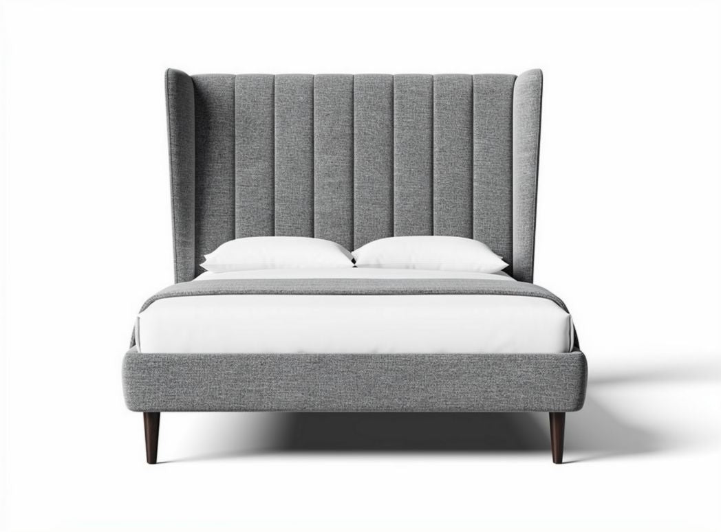 Gray upholstered bed frame with high headboard and queen size dimensions 200 x 160 x 130cm