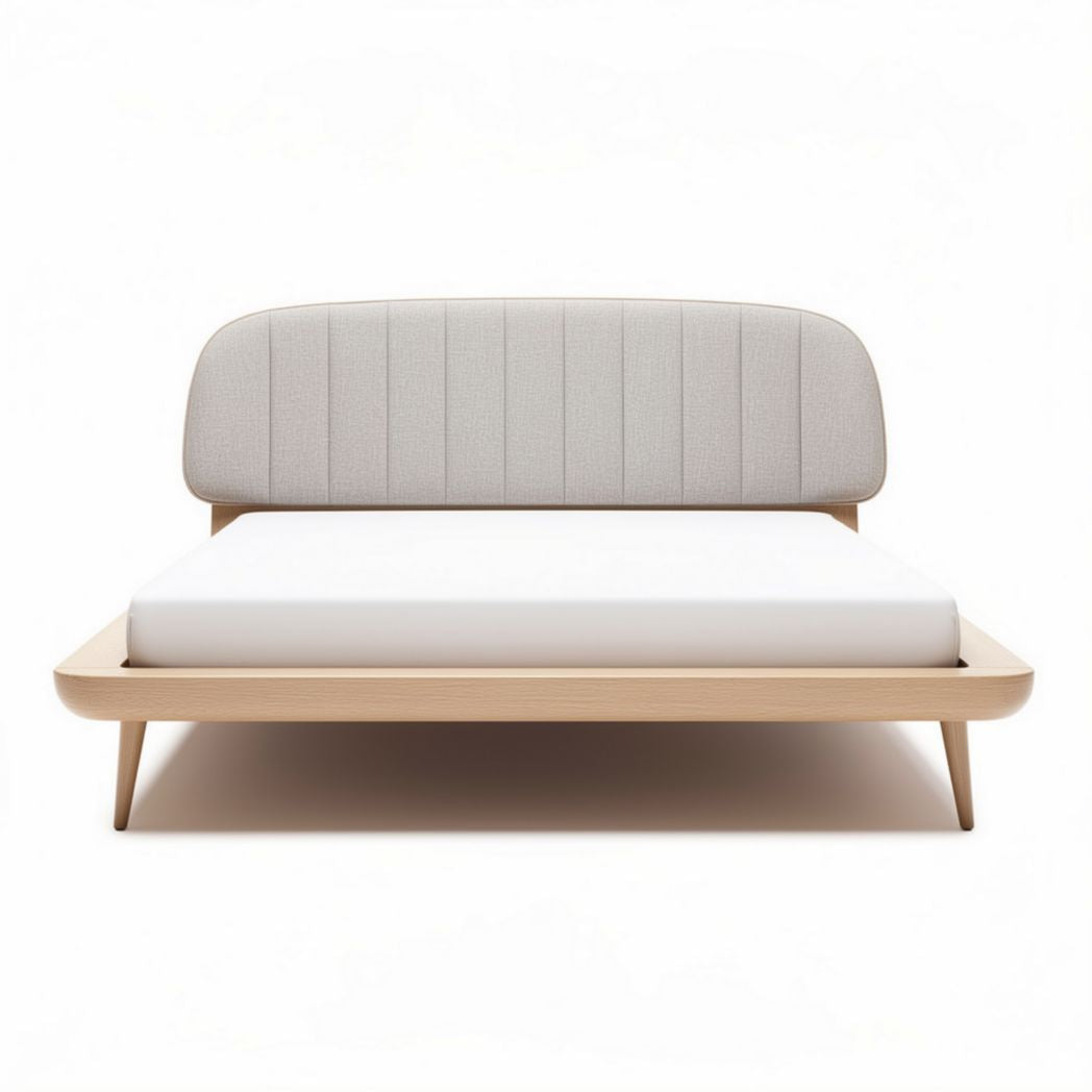 Modern upholstered bed frame with light wood finish and dimensions 200 x 160 x 100cm